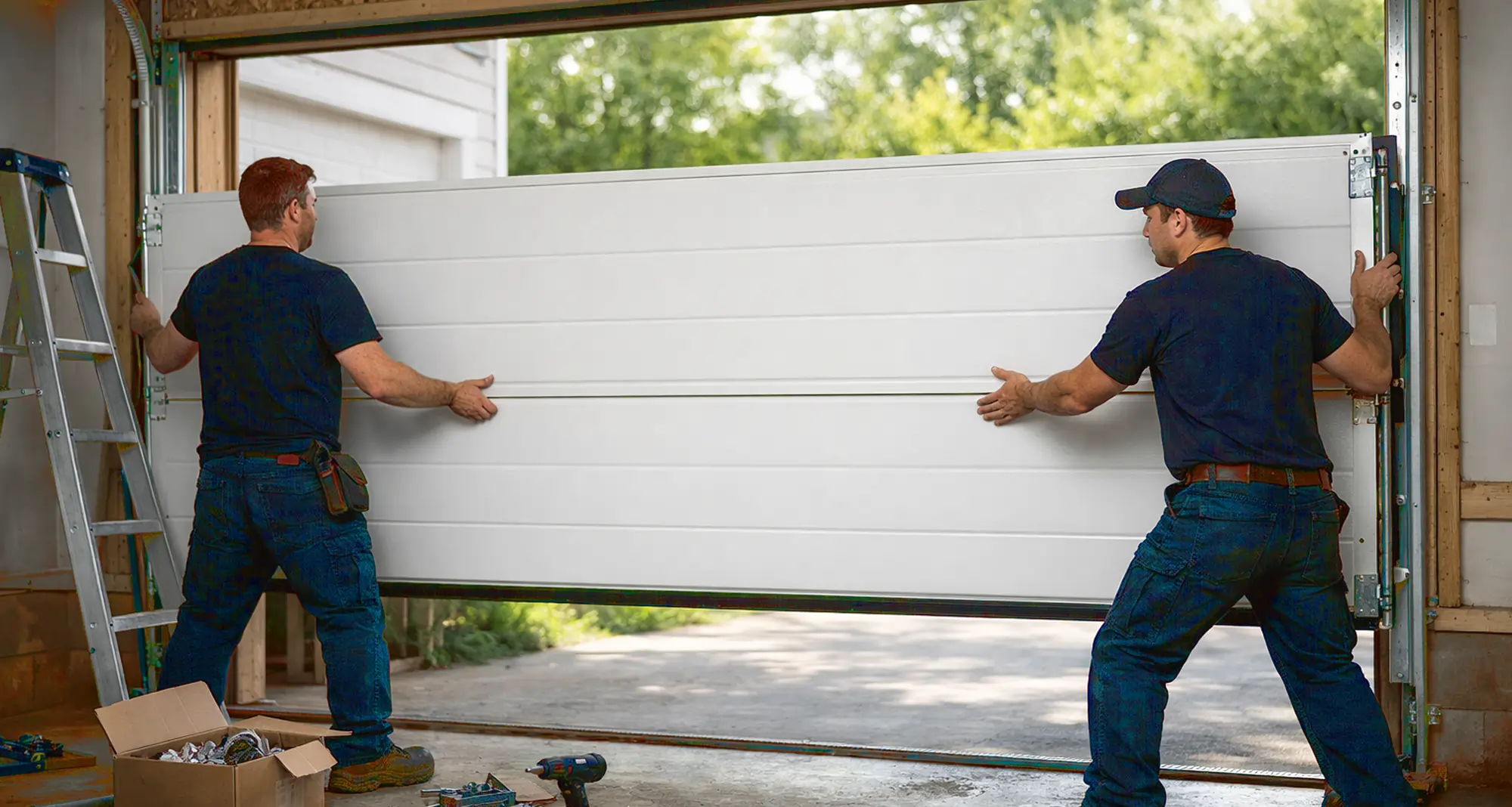 Garage door technician in blue uniform repairing a modern garage door
